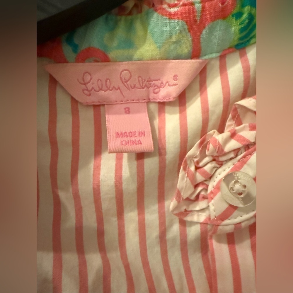 Lilly Pulitzer Pink Striped 100% Cotton Button Down Ruffle Shirt Blouse Sz 8 - Picture 4 of 5